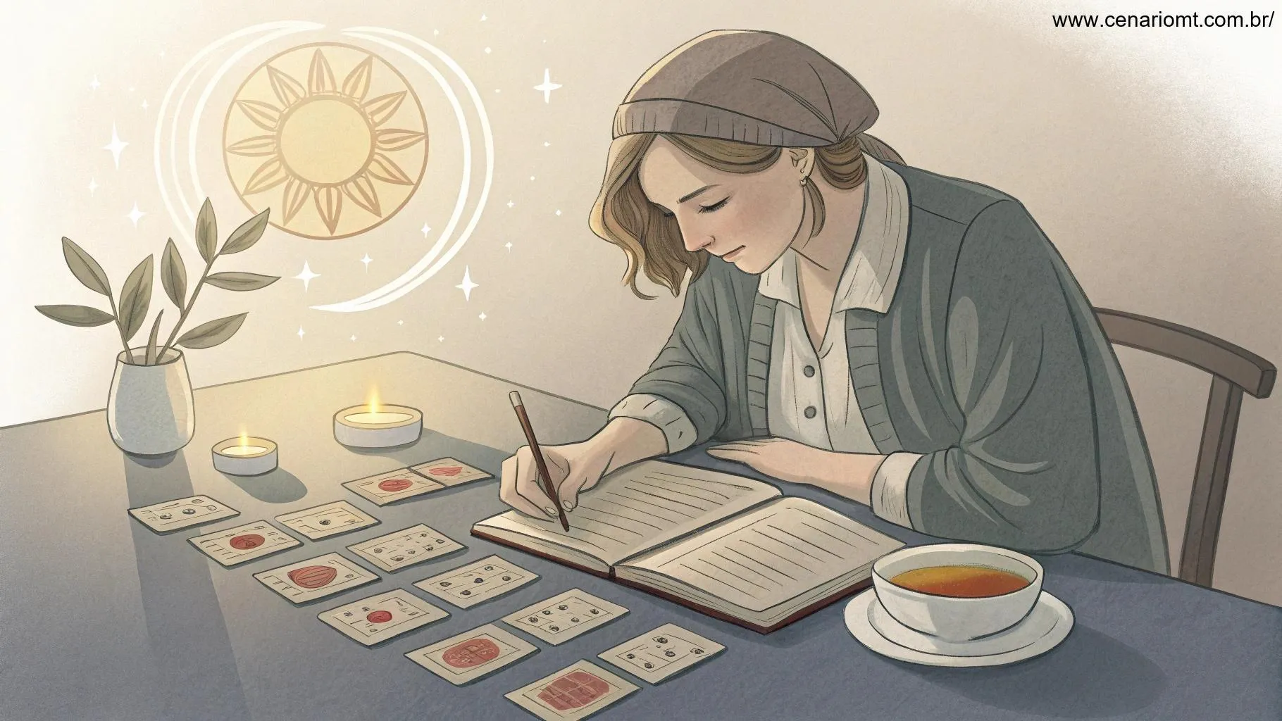 Leitura serena e focada de cartas de Tarot em uma mesa com um caderno e chá de ervas.