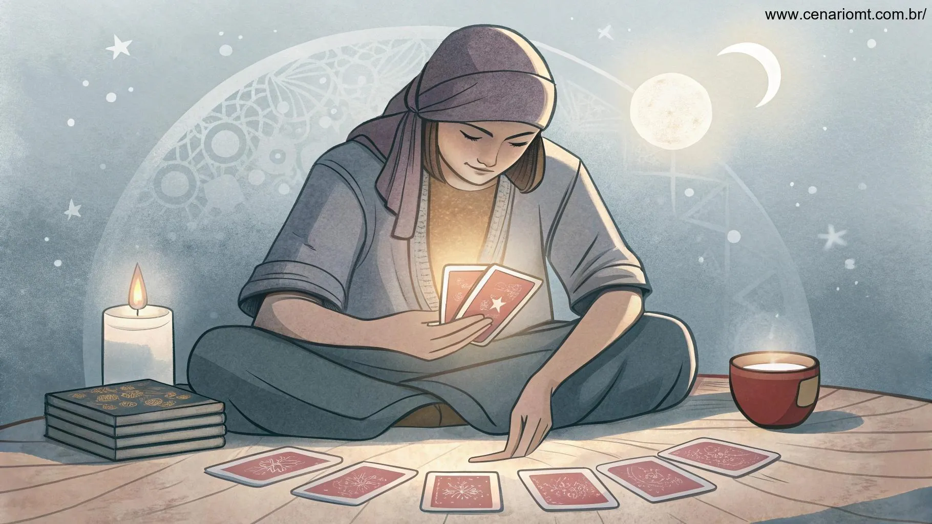Leitor de tarot focado na interpretação das cartas, com uma carta em destaque emitindo uma leve luz.