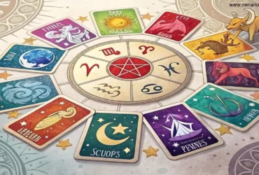 Representação colorida dos signos do zodíaco ao redor de uma disposição de cartas de Tarot, simbolizando a conexão entre astrologia e Tarot.