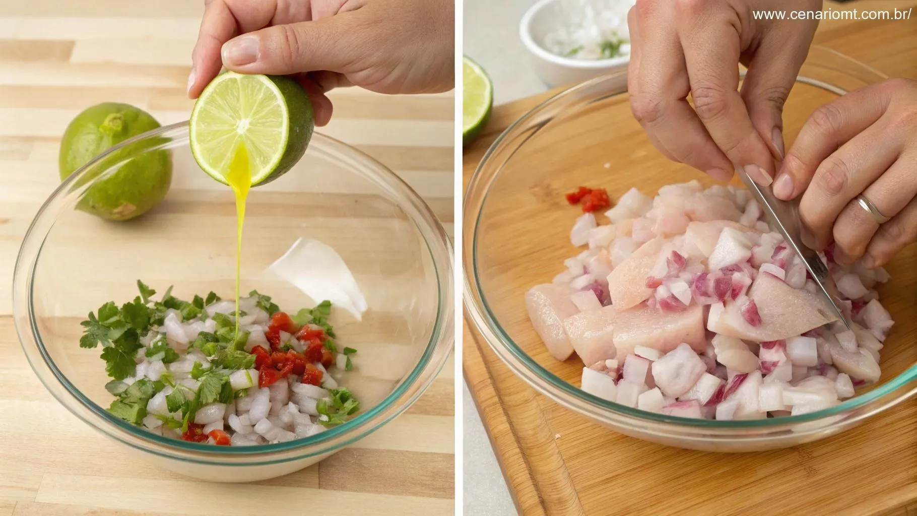 Passo a passo de como preparar ceviche peruano de tilápia, com limão fresco e ingredientes sendo misturados.