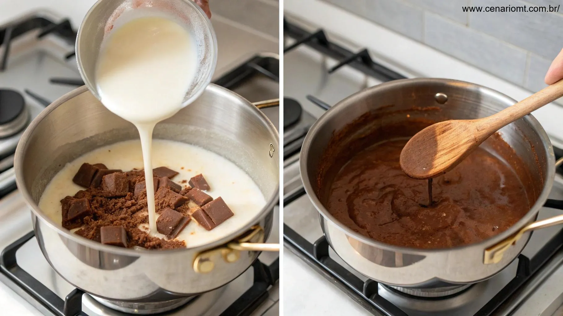 Preparação passo a passo de chocolate quente cremoso, mostrando o processo de mistura dos ingredientes em uma panela no fogão com uma colher de pau