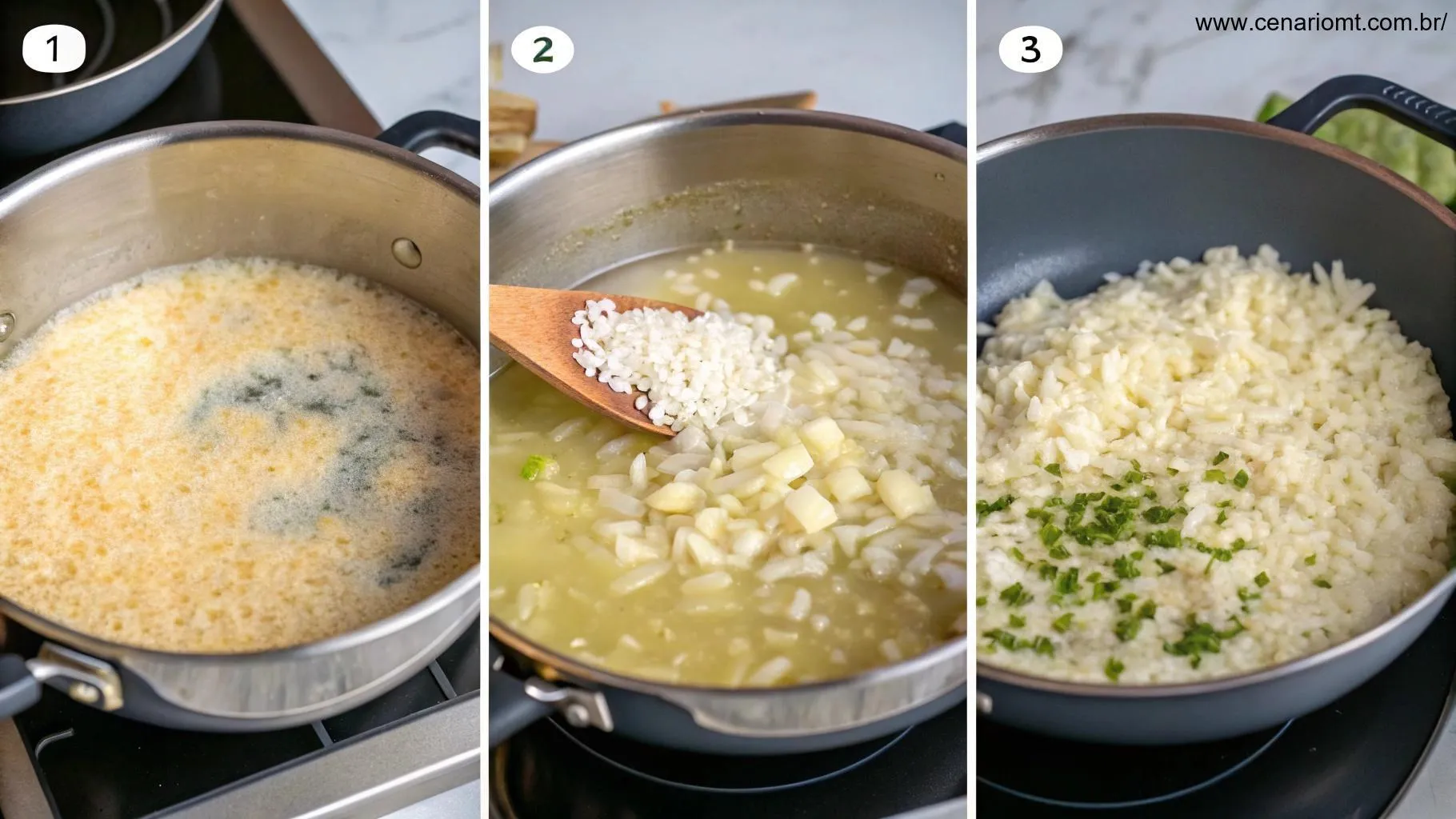 Passo a passo do preparo do risoto, mostrando o refogado de cebolas, adição de arroz Arborio, caldo sendo incorporado e a textura final cremosa.