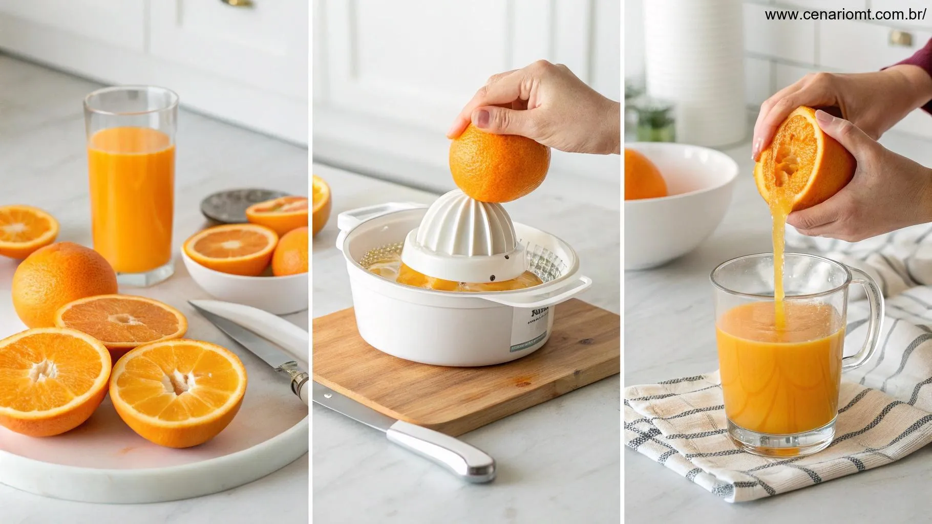 Uma ilustração passo a passo de como preparar suco de laranja fresco, com laranjas, um espremedor e um copo, em um ambiente de cozinha limpa.