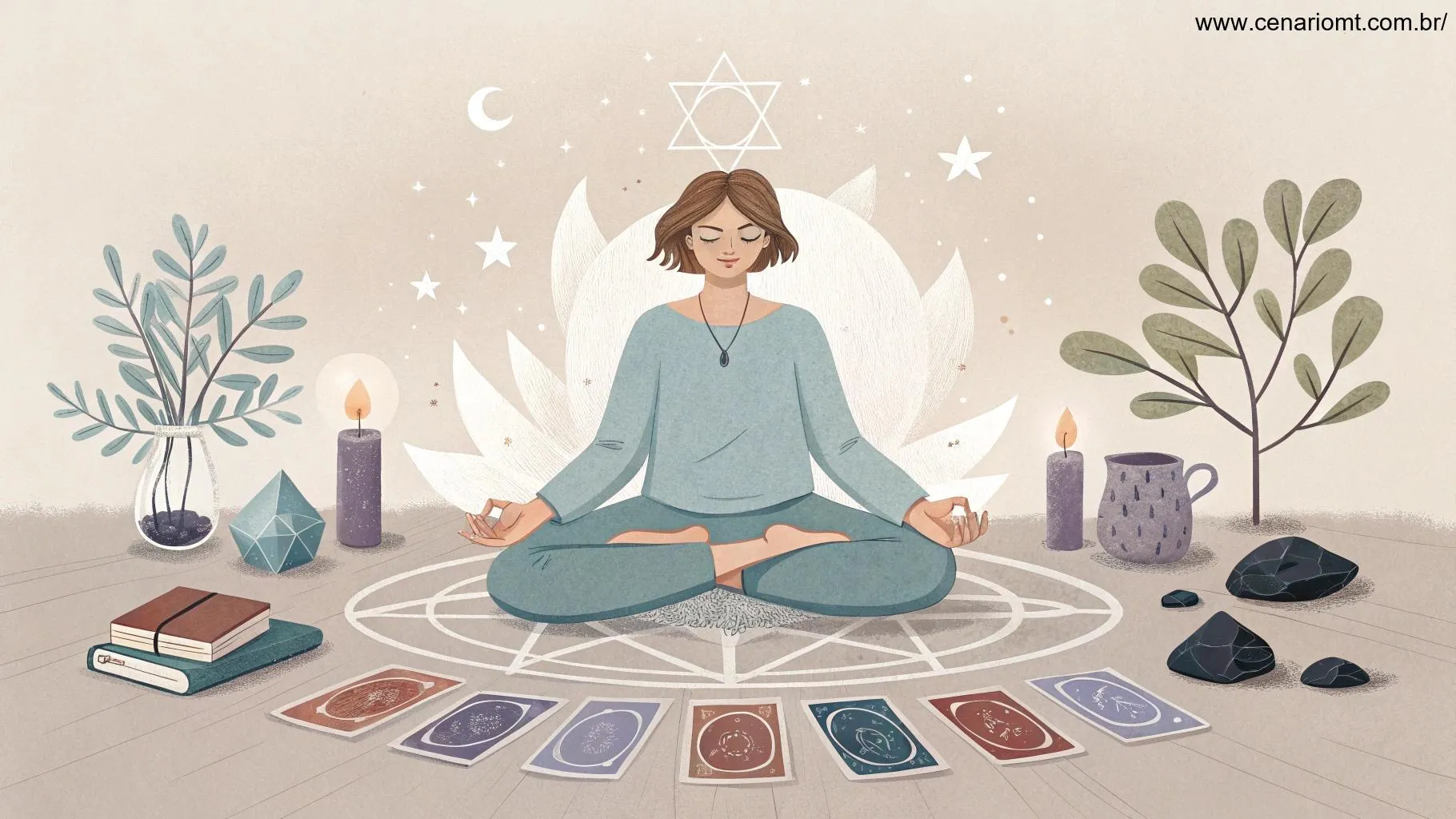 Cena calma com pessoa meditando diante de cartas de tarot, velas e cristais