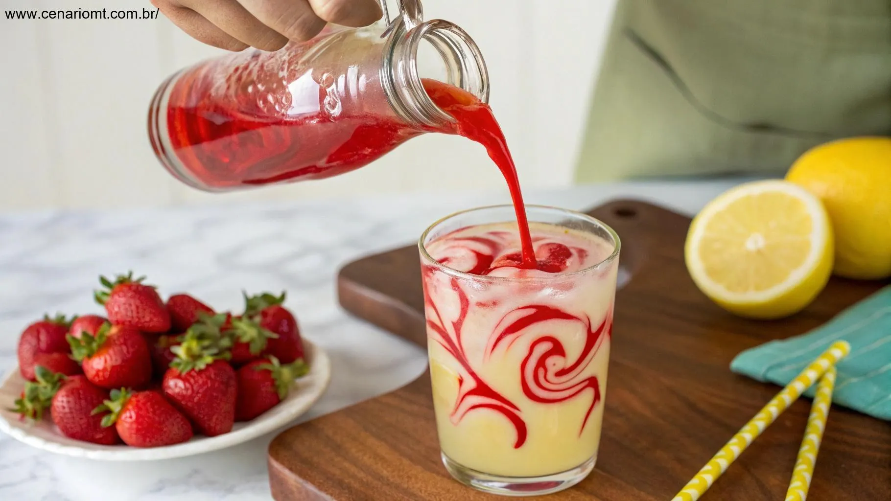 Adicionando xarope de morango à limonada suíça para variar o sabor.
