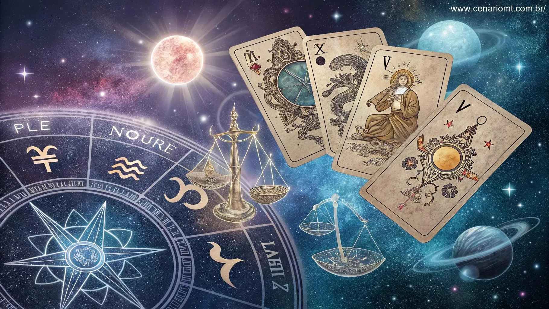 Combinação harmoniosa de cartas de Tarot e símbolos astrológicos em um fundo cósmico.