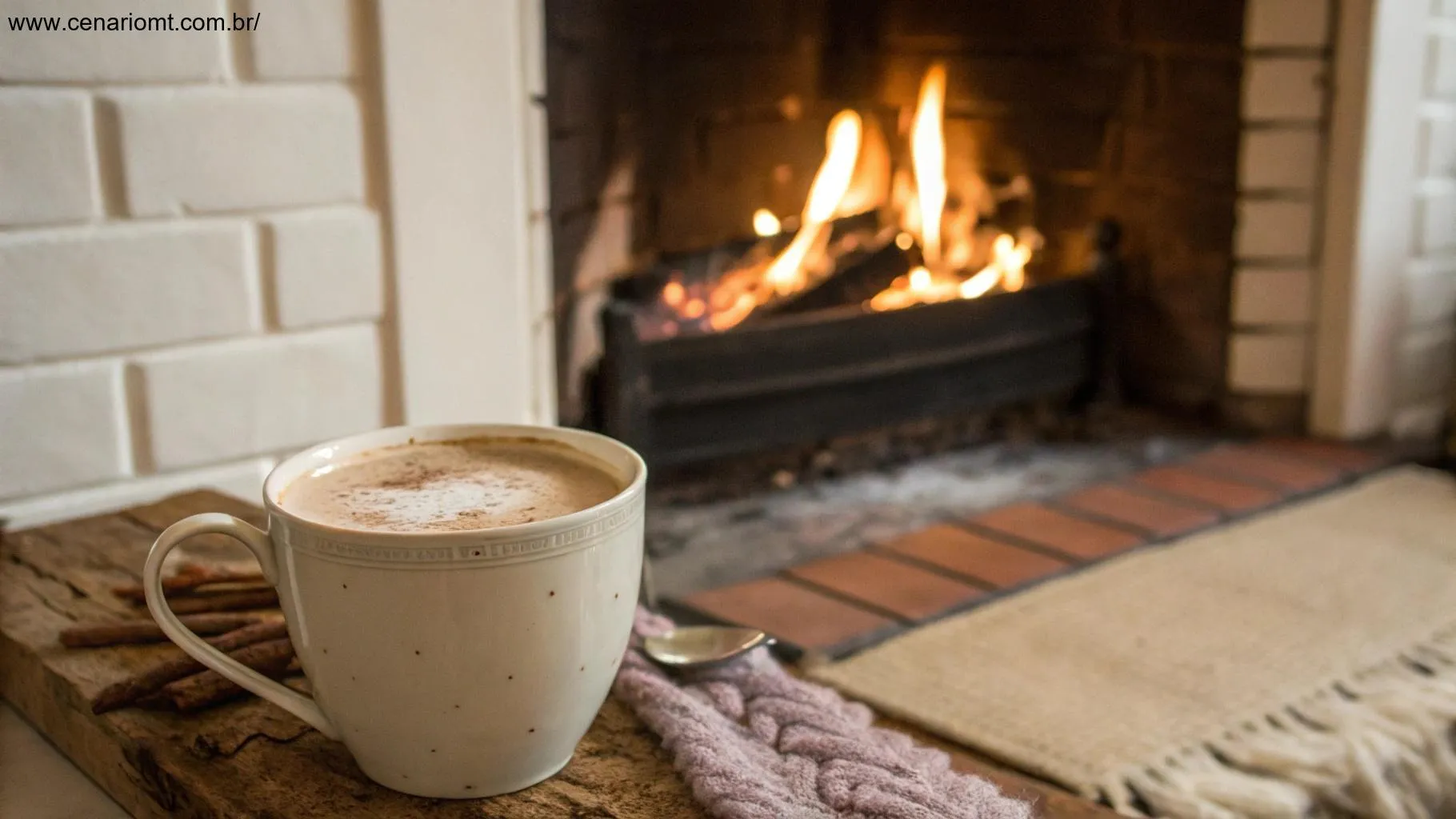 Cena acolhedora com uma xícara de chocolate quente cremoso em frente a uma lareira, ideal para uma noite de inverno aconchegante