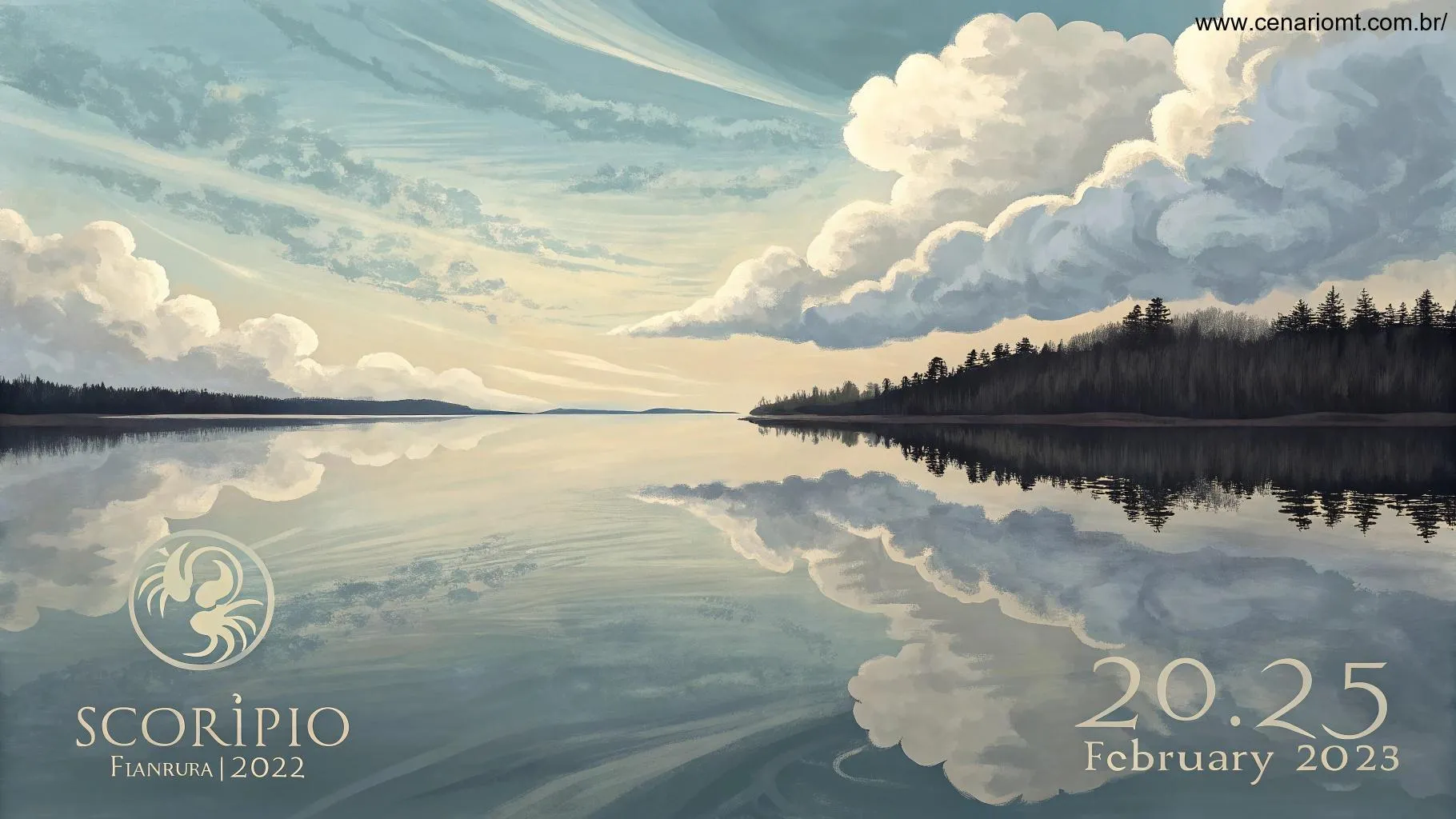 Cena tranquila de reflexão, com um lago calmo refletindo o céu, simbolizando um dia de oportunidades e introspecção para Escorpião em 03 de fevereiro de 2025.