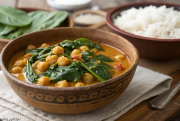 Curry de grão-de-bico e espinafre servido em uma tigela rústica com arroz basmati