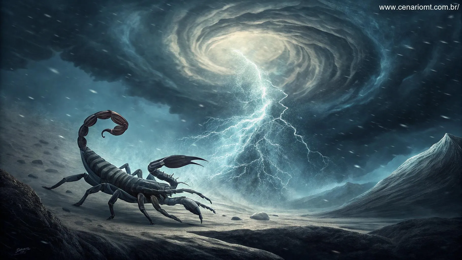 Cena sombria e tempestuosa representando desafios, com nuvens intensas e um escorpião lutando contra uma tempestade cósmica, simbolizando as dificuldades que Escorpião pode enfrentar em 03 de fevereiro de 2025.