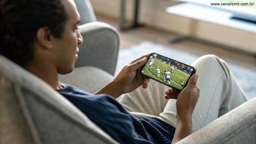 Pessoa assistindo ao jogo Al-Shabab X Al-Khaleej em um smartphone.