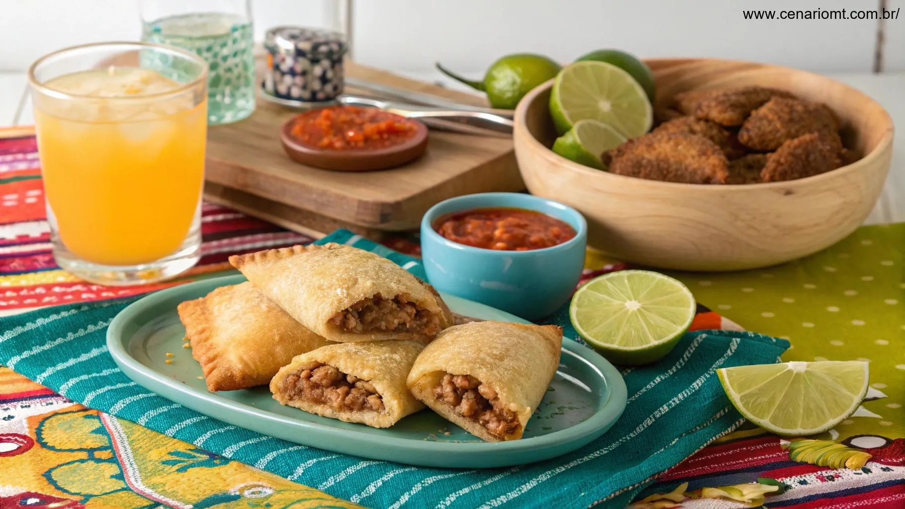 Pastéis de carne servidos com limão, molho picante e bebida refrescante.