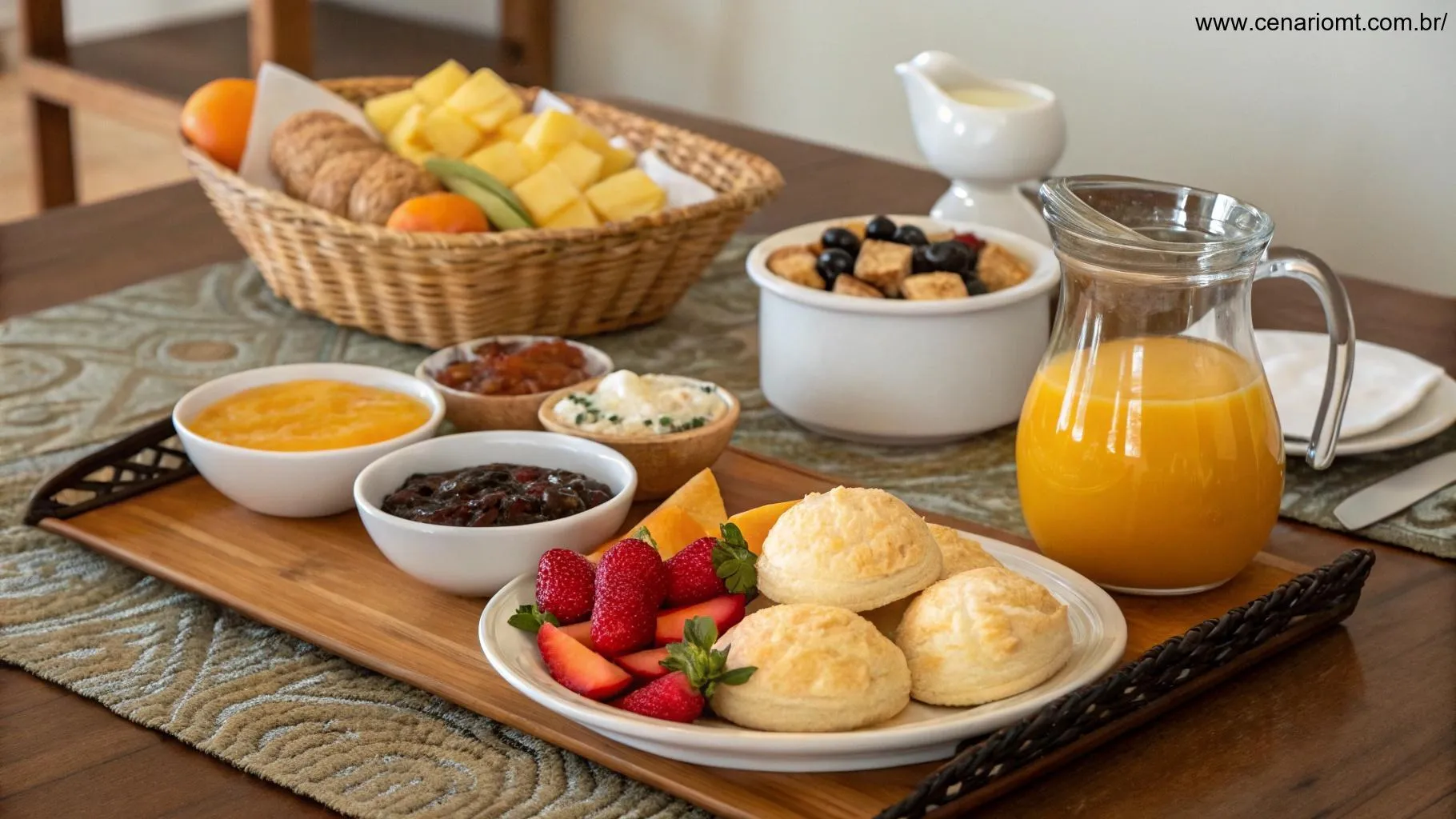 Mesa de café da manhã com pão de queijo e acompanhamentos variados.
