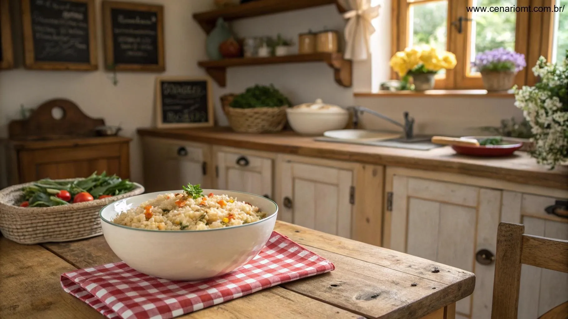 Cena de uma cozinha rural com Arroz de Carreteiro servido e dicas escritas em lousas.