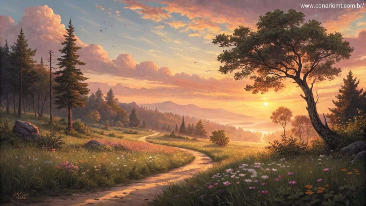Imagem de um amanhecer sereno com uma trilha iluminada pela luz dourada.