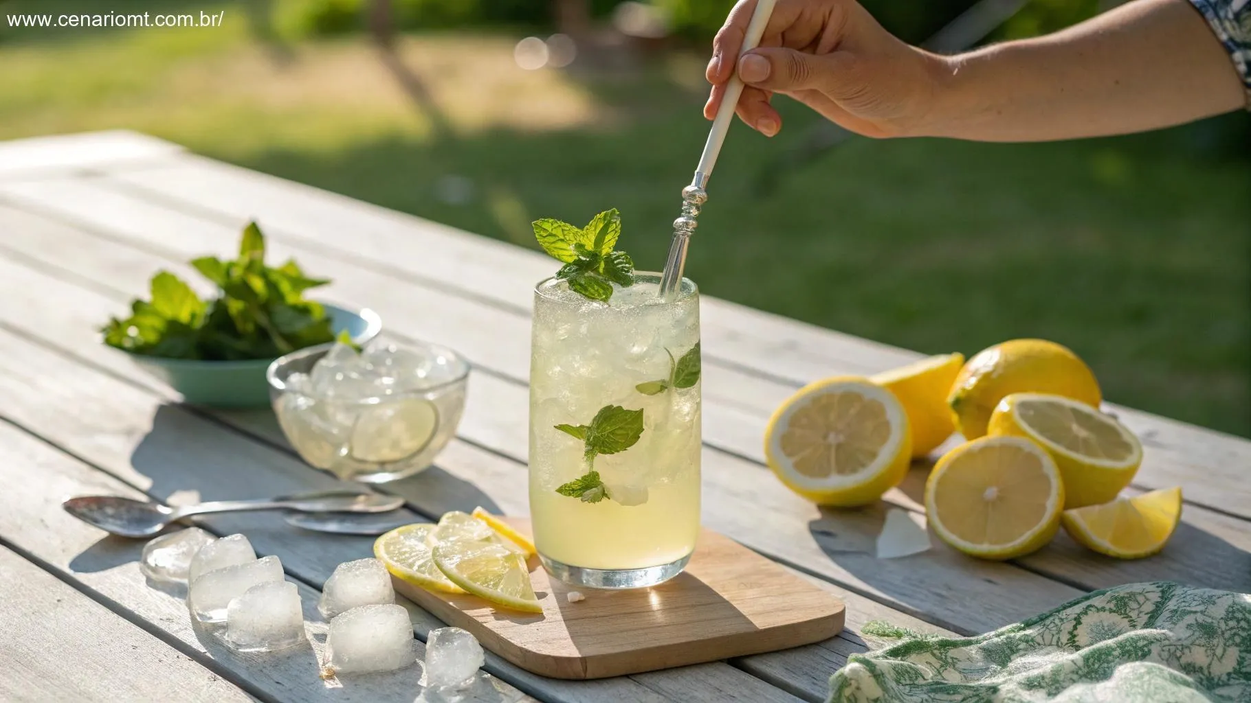 Mexendo a limonada suíça com hortelã e gelo em uma mesa ao ar livre.