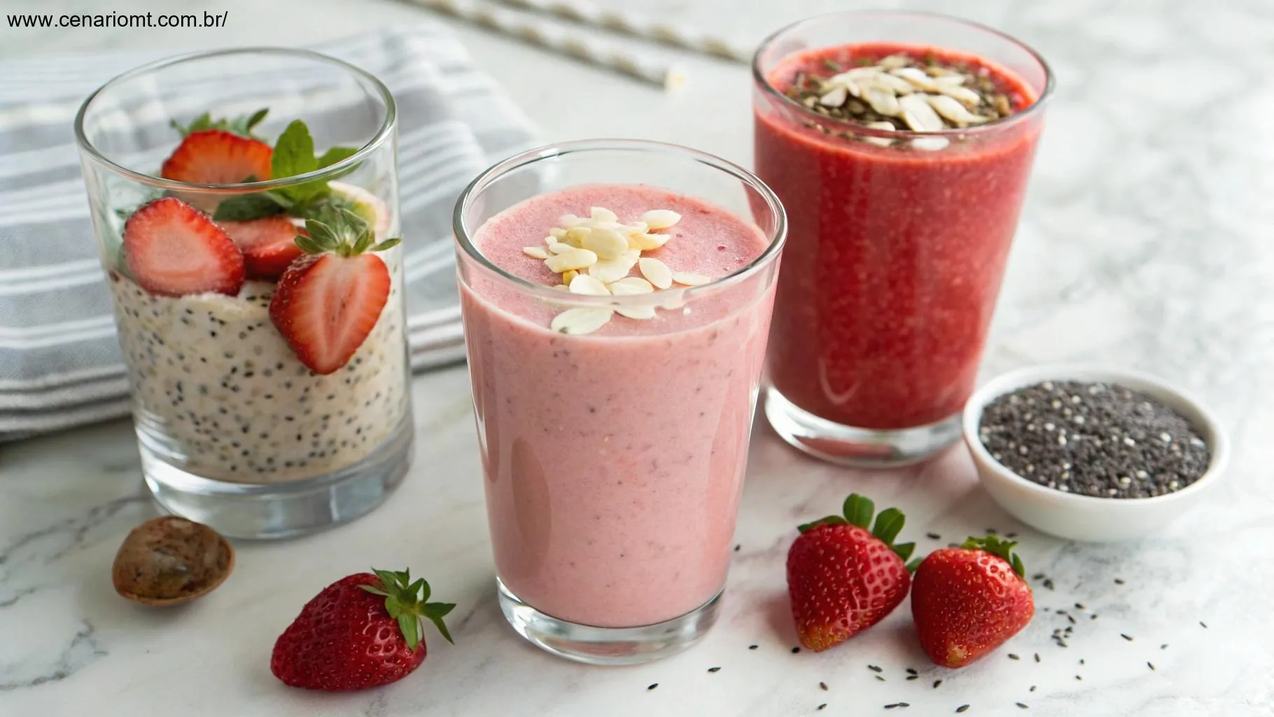 Variações de smoothie de morango com leite de amêndoa, flocos de coco e sementes de chia