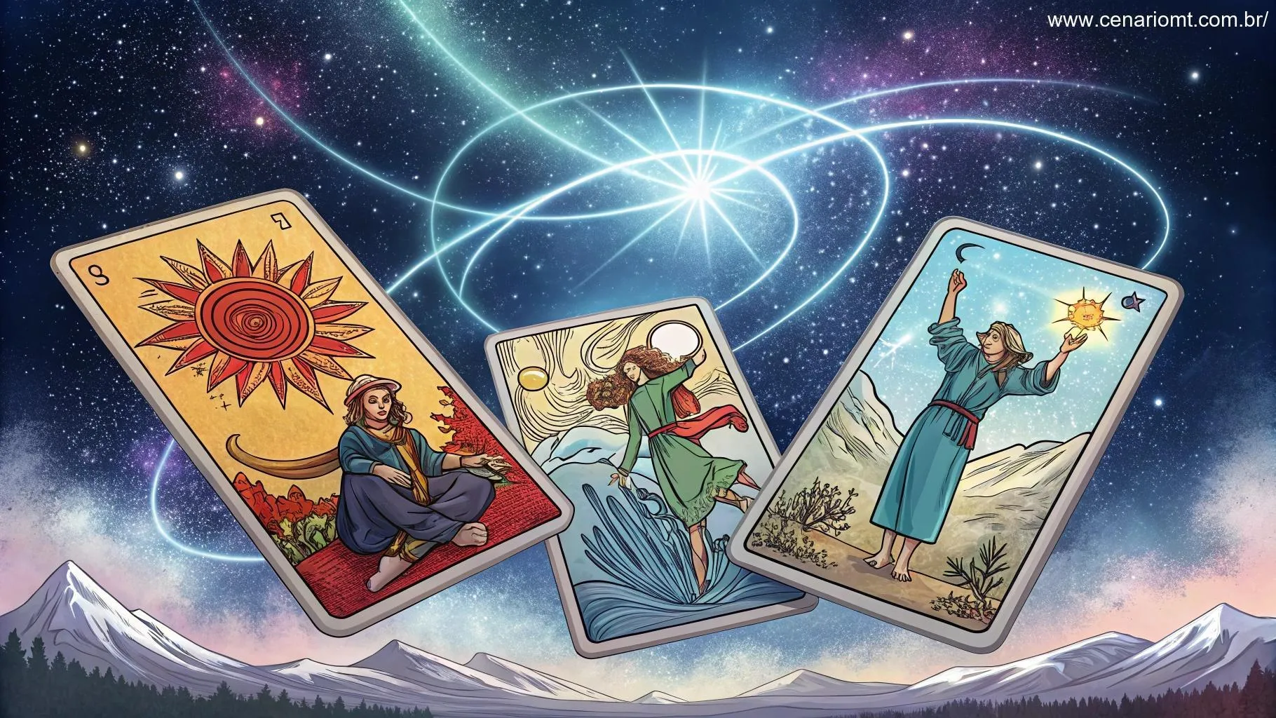 Representação artística de cartas de tarot flutuando cercadas por uma aura de energia vibrante