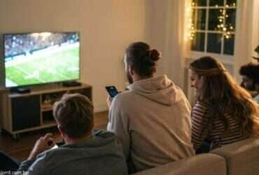 Pessoas assistindo a partida de futebol entre Fiorentina e Inter de Milão na televisão ou celular