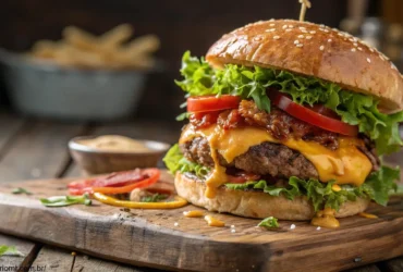 Imagem de um hambúrguer artesanal com ingredientes frescos e molho especial