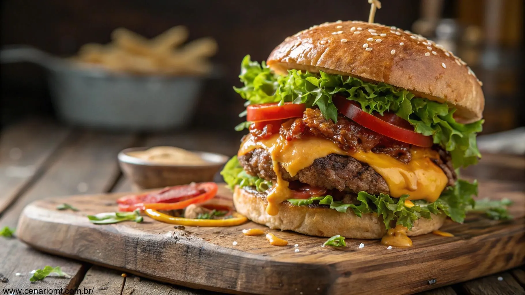 Imagem de um hambúrguer artesanal com ingredientes frescos e molho especial