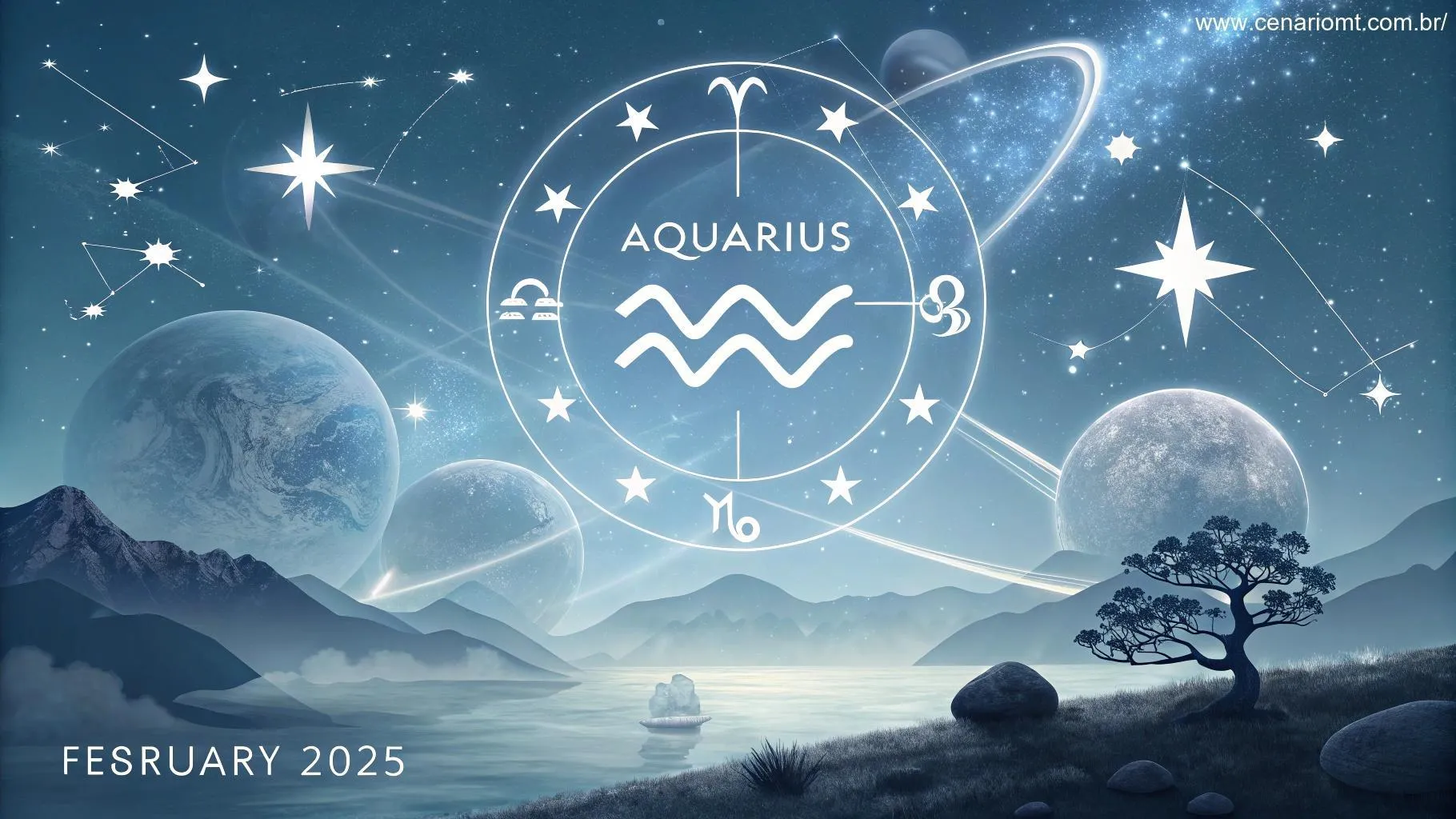 Influências astrais de Aquário no dia 03/02/2025, com estrelas e elementos planetários ao redor do símbolo do signo.