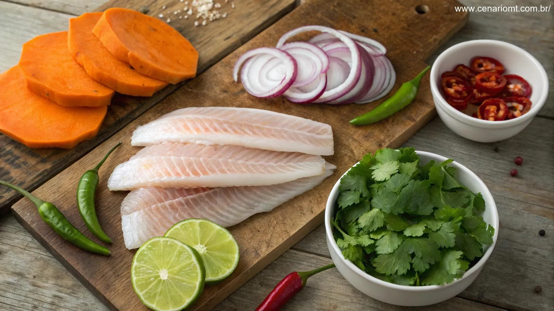Ingredientes frescos para ceviche peruano de tilápia, incluindo filés de tilápia, coentro, cebola, pimentas e batata doce.