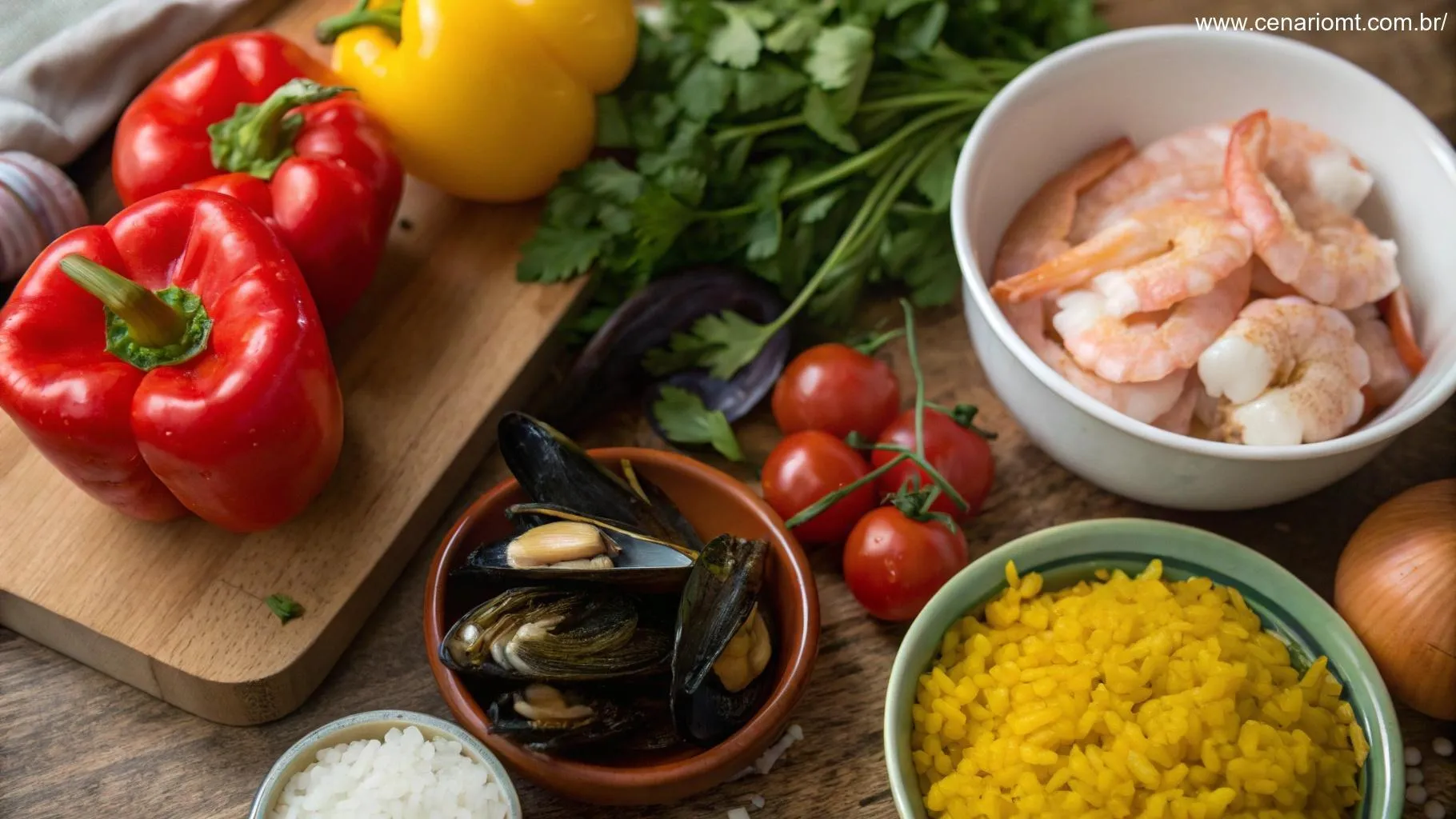 Ingredientes frescos para a Paella Valenciana, incluindo frutos do mar, frango e arroz de açafrão.