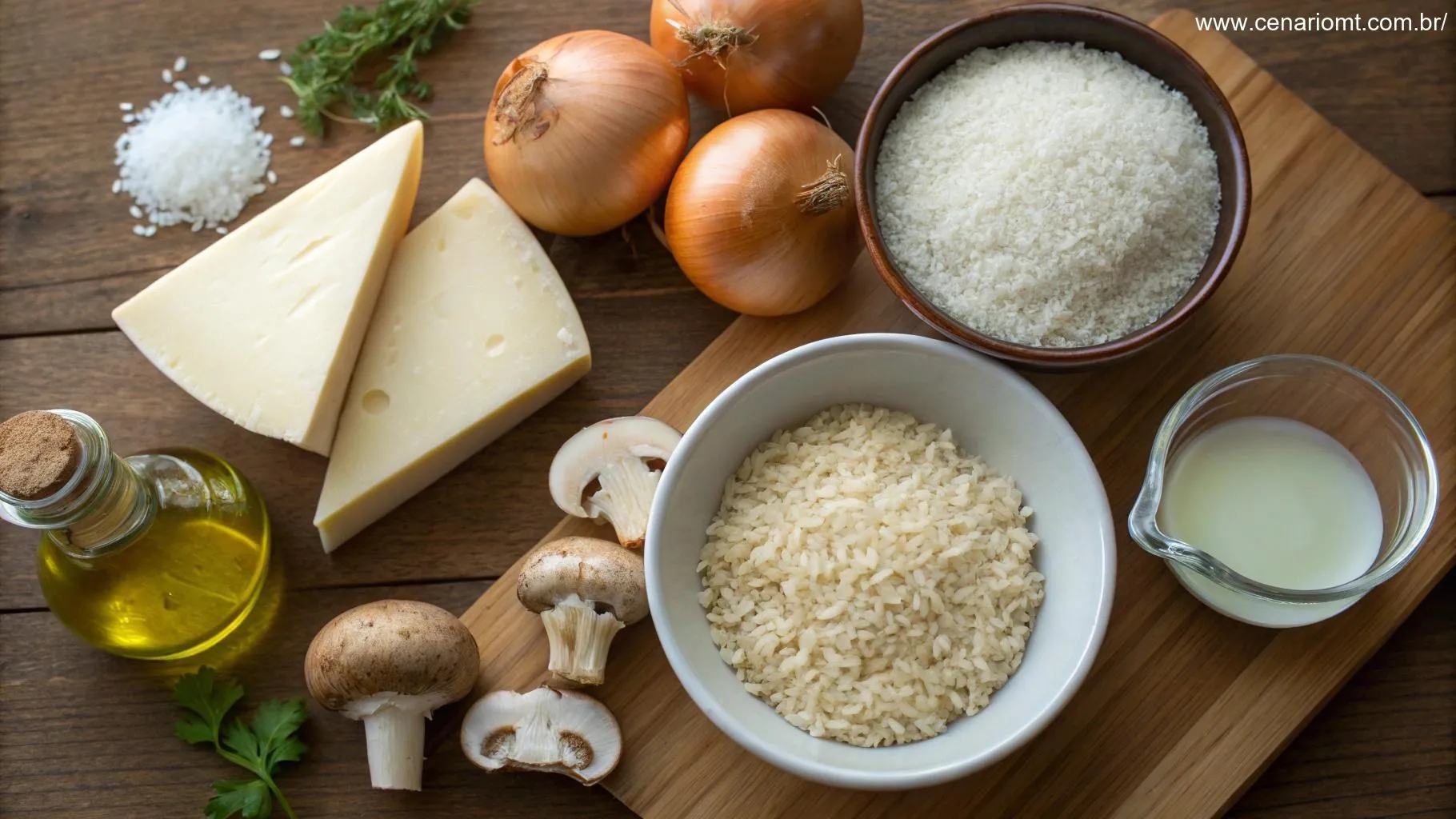 Ingredientes essenciais para o risoto dispostos em uma bancada de madeira: arroz Arborio, cebolas, alho, manteiga, vinho branco, queijo parmesão e cogumelos frescos.