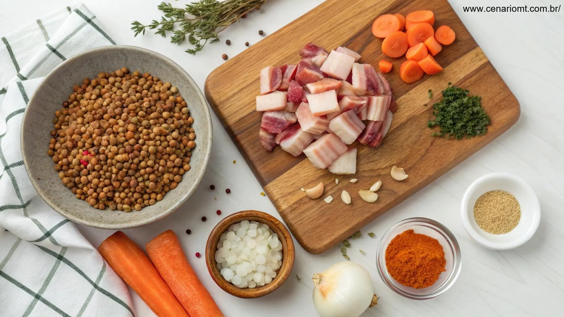 Vista superior dos ingredientes da torta de limão, incluindo farinha, ovos, manteiga, açúcar e limões em uma bancada de mármore.