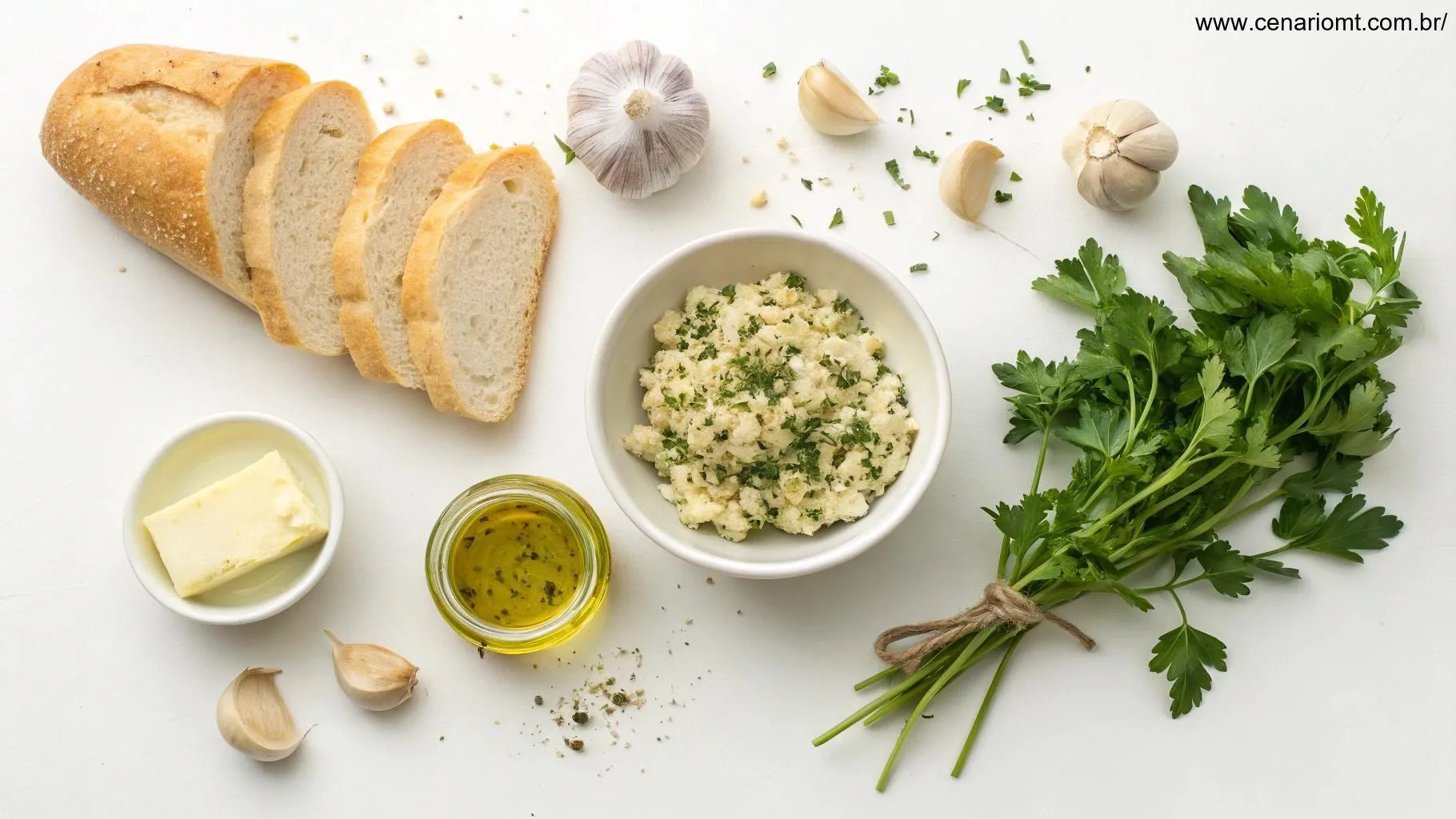 Ingredientes necessários para o pão de alho: pão, manteiga, alho, ervas e azeite.