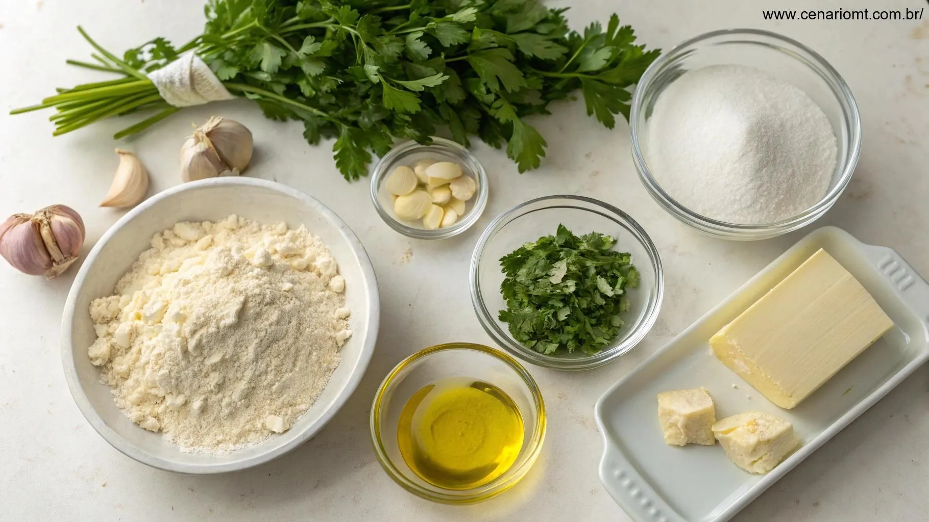 Ingredientes necessários para fazer pão de alho, incluindo farinha, dentes de alho, salsa fresca, manteiga, sal e azeite, organizados em um balcão de cozinha.