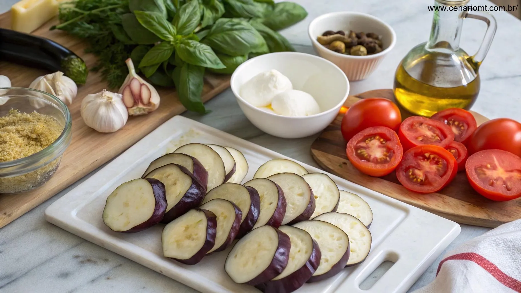 Ingredientes frescos para lasanha de berinjela, incluindo berinjelas fatiadas, tomates, queijo mussarela, alho, azeite de oliva e manjericão fresco, dispostos em uma bancada de cozinha.