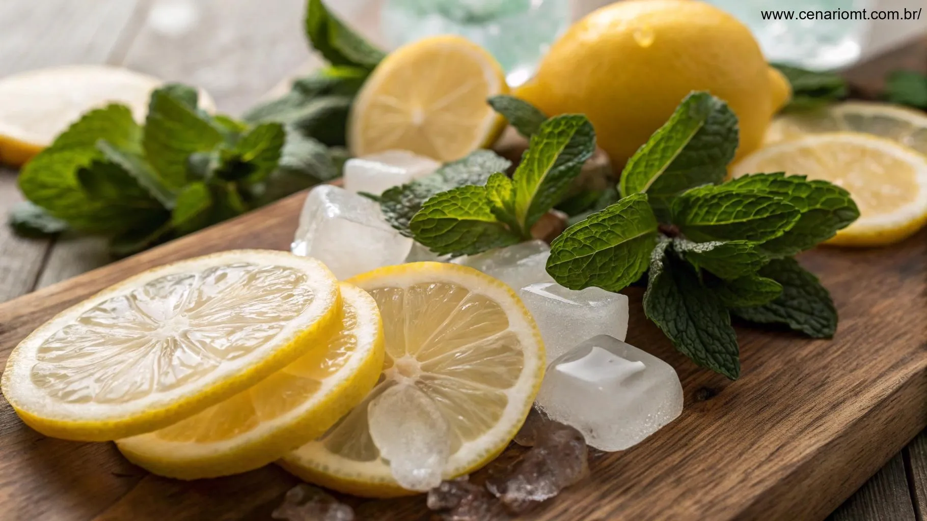 Ingredientes frescos para a limonada suíça: limões, folhas de hortelã e cubos de gelo.