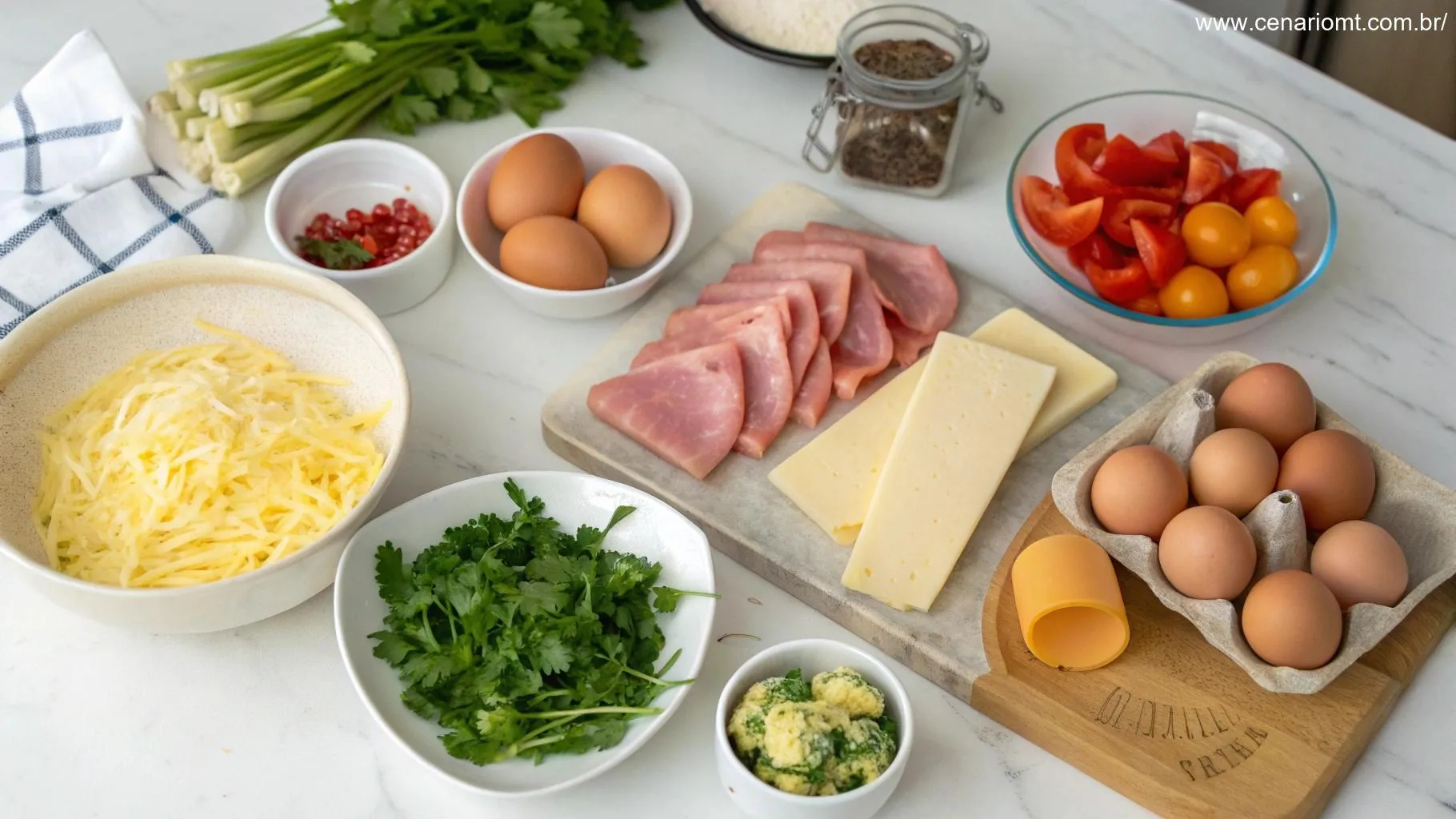 Ingredientes frescos para preparar uma omelete recheada: ovos, queijo, presunto, vegetais e ervas.