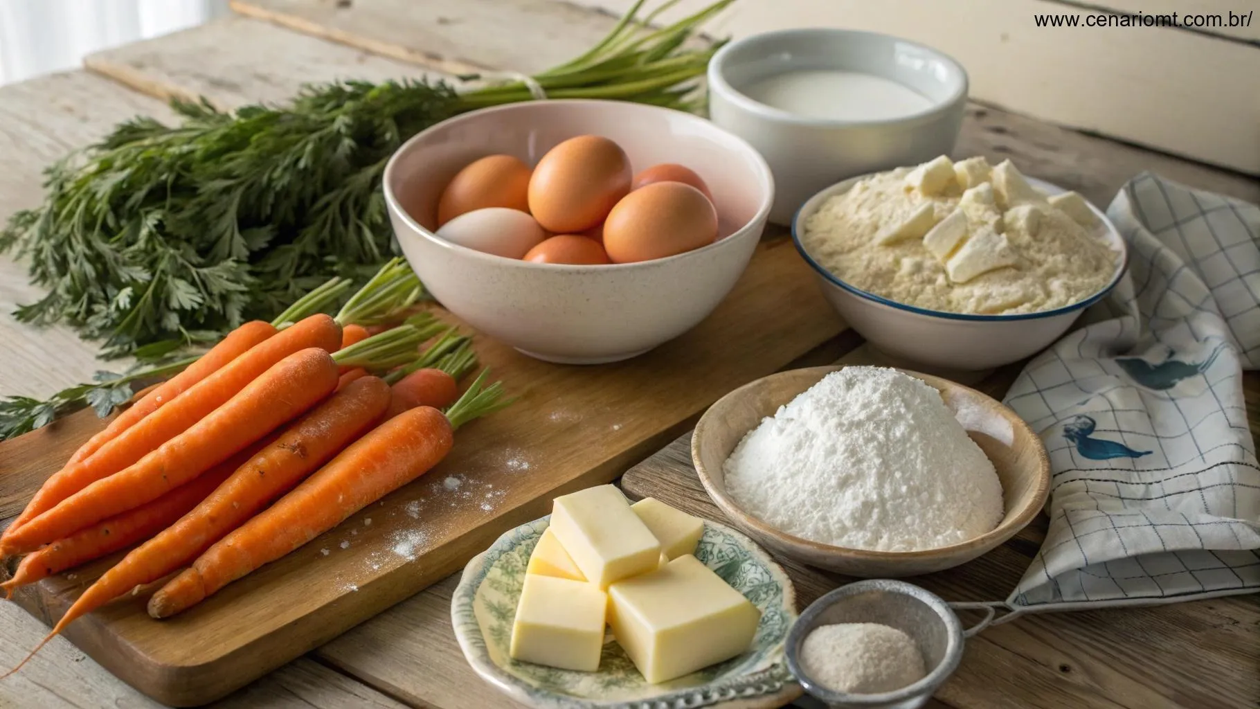 Ingredientes dispostos para o bolo de cenoura sobre uma bancada de madeira.