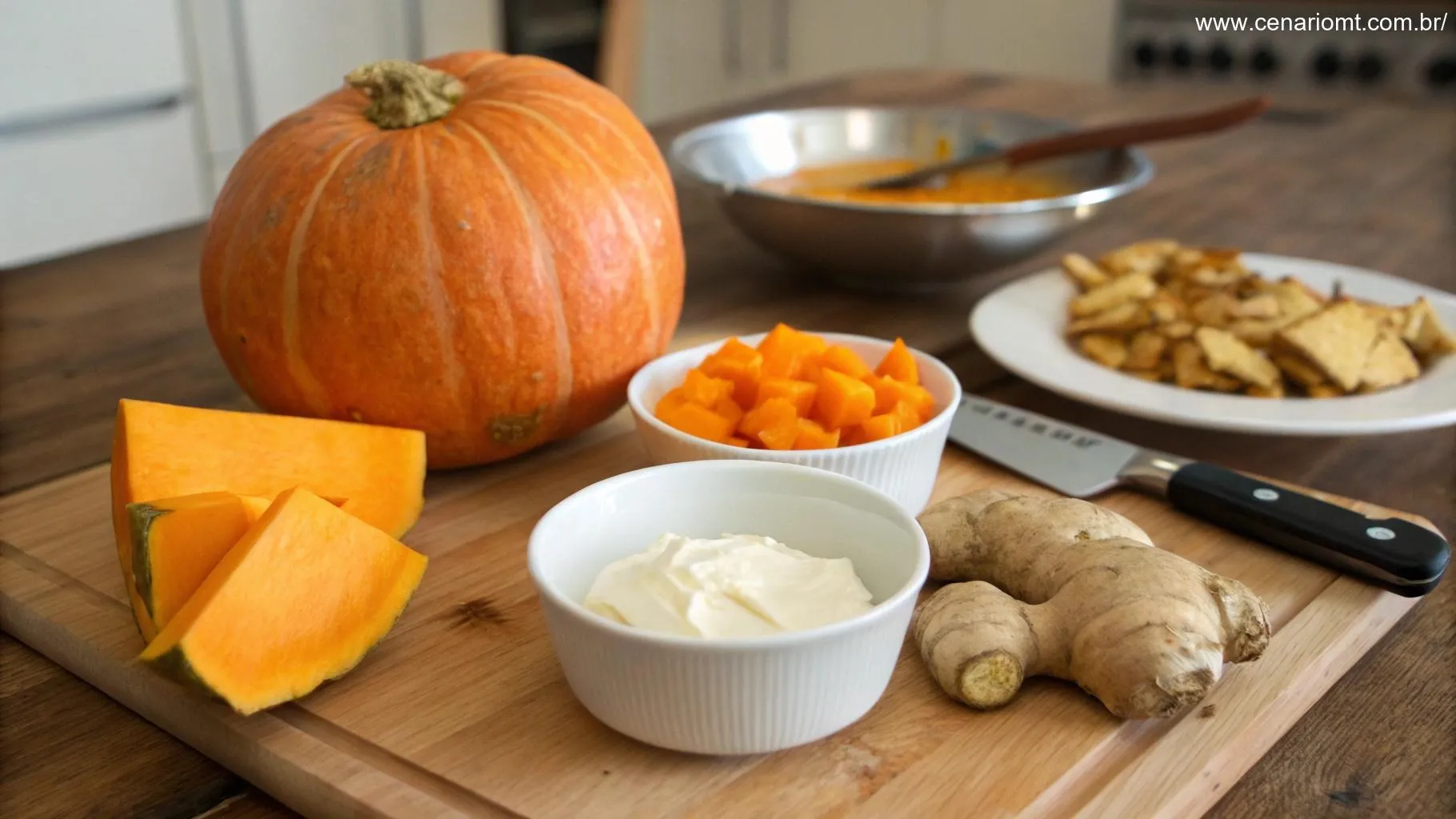 Ingredientes principais para sopa de abóbora: abóbora fresca, gengibre e creme de leite.