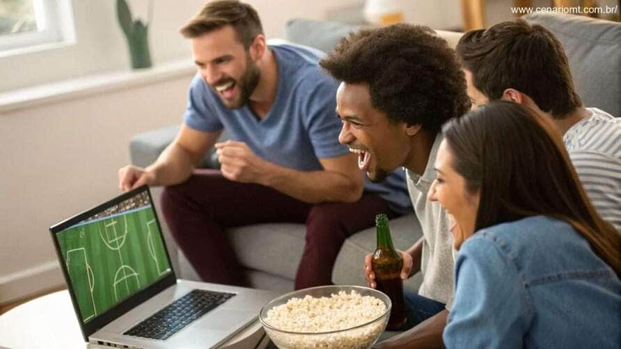 Amigos discutindo sobre as escalações do jogo Al-Shabab X Al-Khaleej em um laptop.