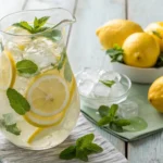 Limonada suíça refrescante com limões inteiros, folhas de hortelã e cubos de gelo.
