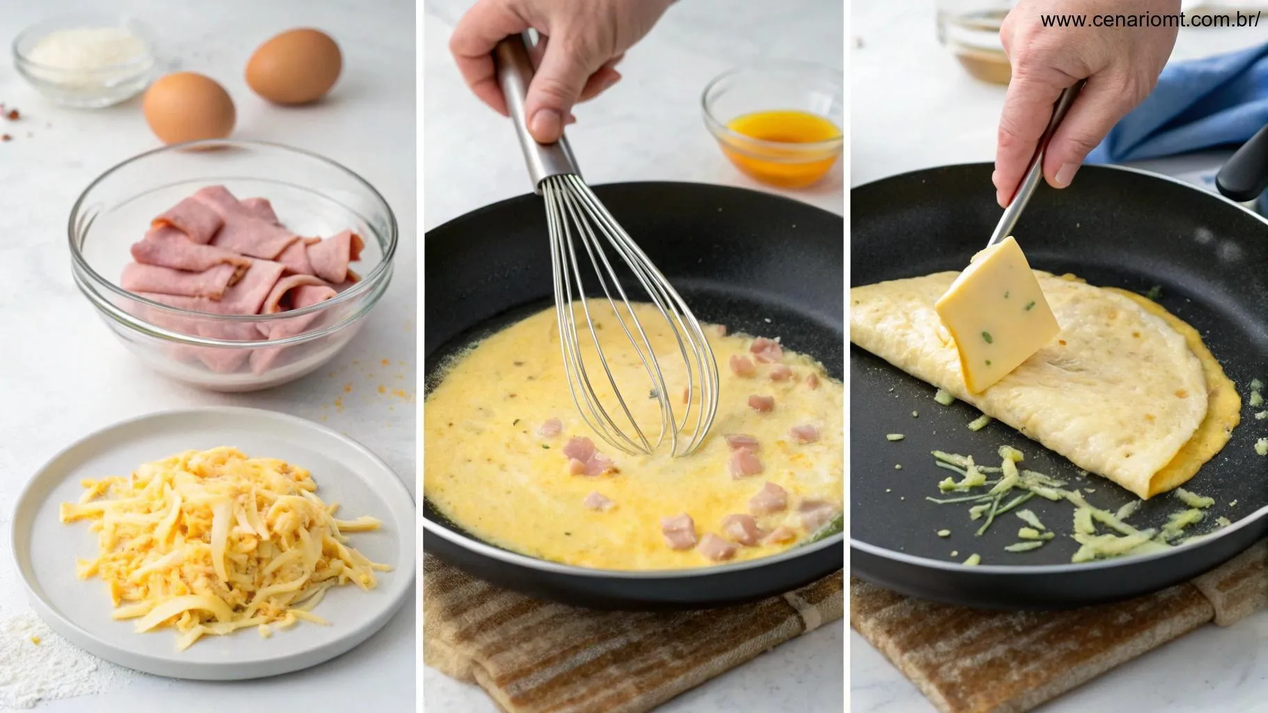 Passo a passo do preparo de uma omelete recheada: batendo ovos, fritando a mistura, adicionando queijo e presunto, e dobrando a omelete.