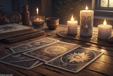 Cena mística de leitura de tarot com mesa iluminada por velas e cartas de tarot com designs intrincados