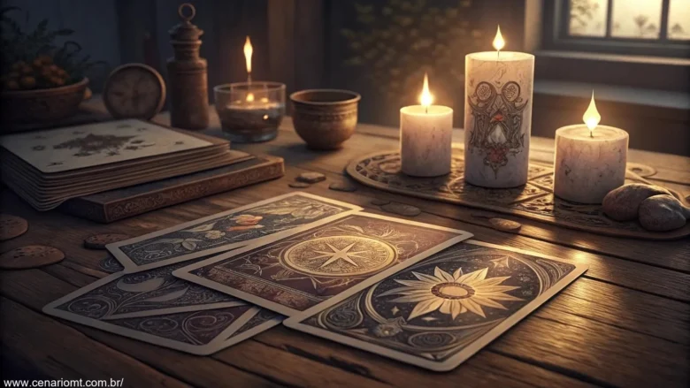 Cena mística de leitura de tarot com mesa iluminada por velas e cartas de tarot com designs intrincados