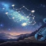 Cenário celeste dramático com a constelação de escorpião brilhando no céu noturno, rodeada de estrelas e elementos cósmicos, simbolizando as previsões astrológicas para Escorpião em 03 de fevereiro de 2025.
