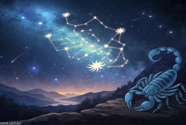 Cenário celeste dramático com a constelação de escorpião brilhando no céu noturno, rodeada de estrelas e elementos cósmicos, simbolizando as previsões astrológicas para Escorpião em 03 de fevereiro de 2025.