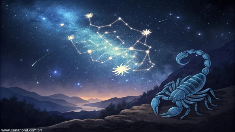 Cenário celeste dramático com a constelação de escorpião brilhando no céu noturno, rodeada de estrelas e elementos cósmicos, simbolizando as previsões astrológicas para Escorpião em 03 de fevereiro de 2025.