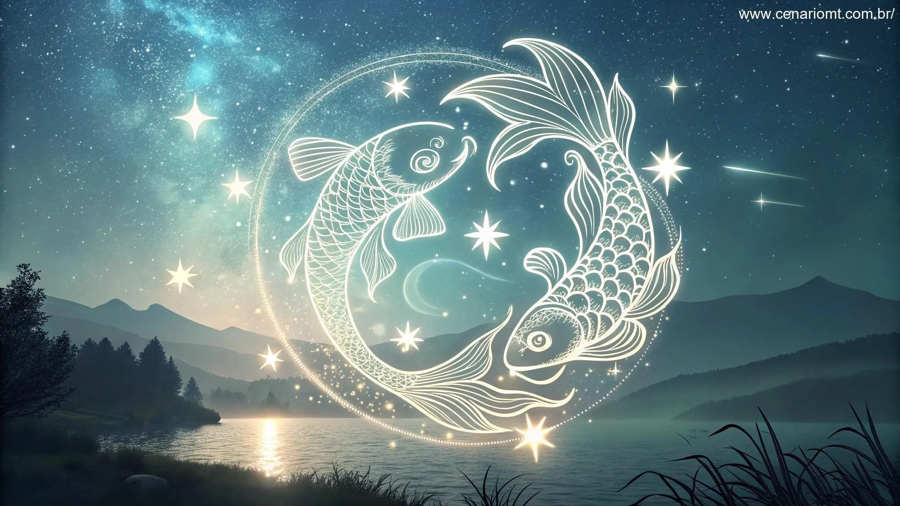 O fim da crise: O universo em março permitirá que um signo ganhe um bom dinheiro 3 Ilustração serena do símbolo de Peixes cercado por estrelas brilhantes e um brilho suave, destacando a profundidade emocional influenciada pelos alinhamentos celestiais.