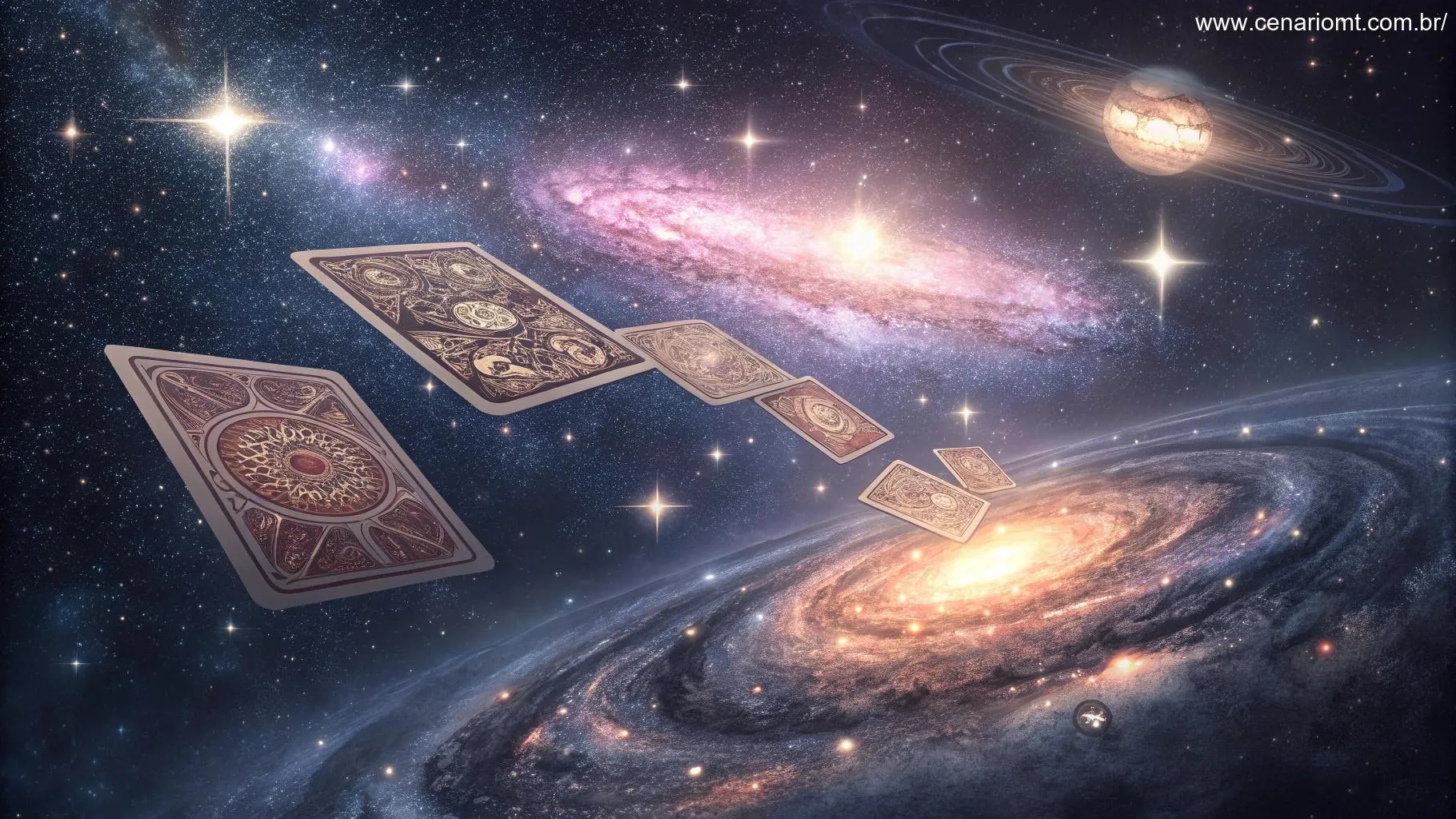 Cartas de tarot flutuando no espaço cósmico, rodeadas por estrelas e luzes celestiais, emitindo uma luz suave.