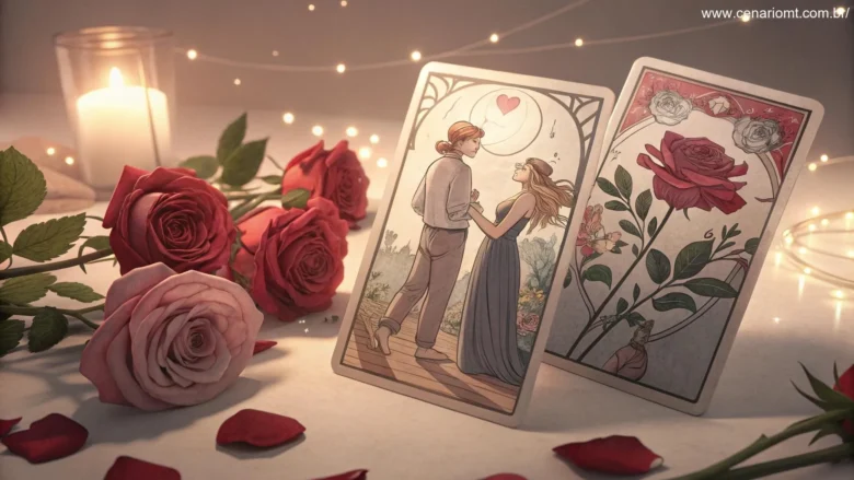 Configuração romântica com cartas de tarot sobre relacionamentos cercadas por rosas e luz suave