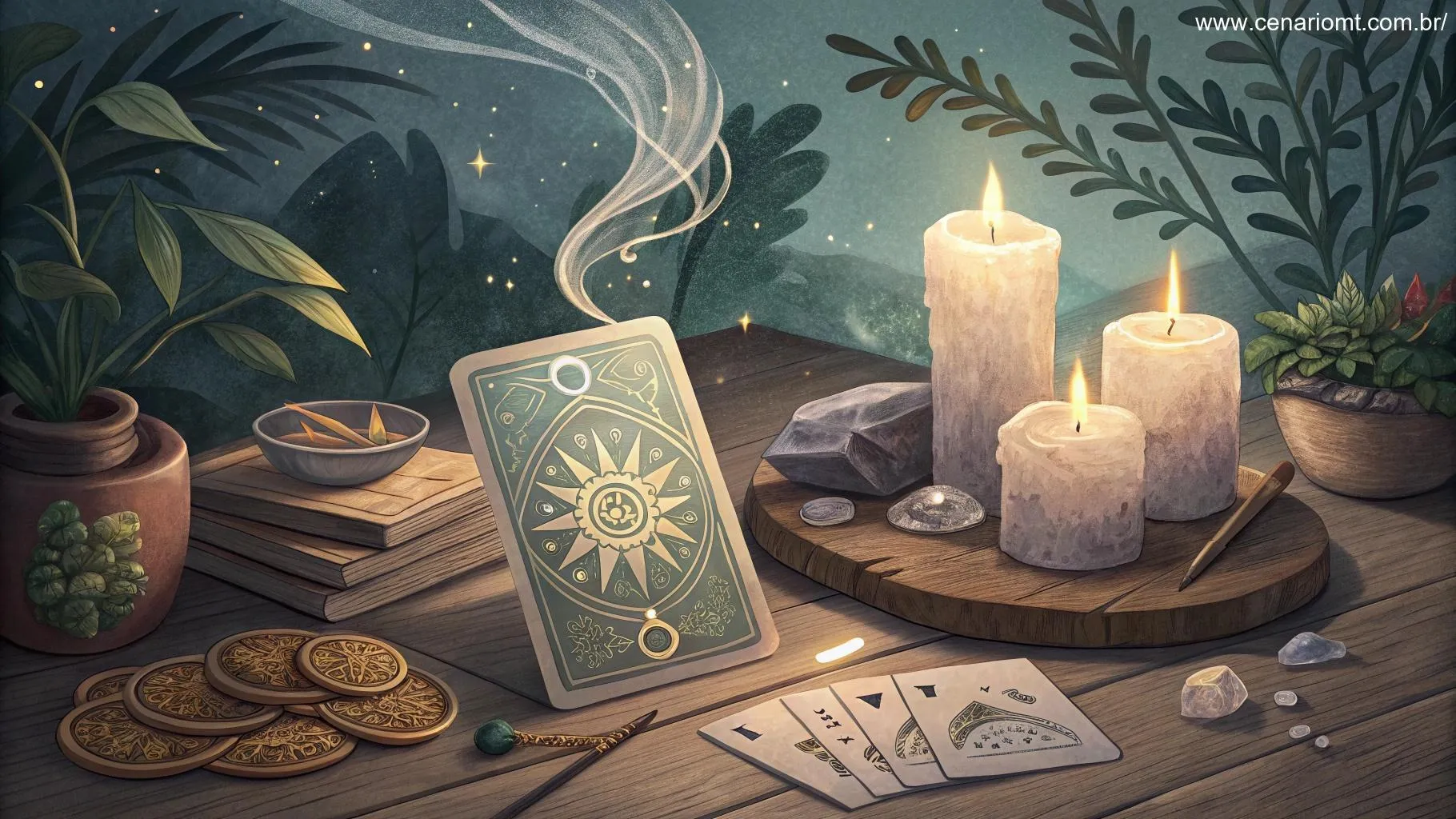 Um ambiente sereno com uma carta de tarot revelada, iluminada suavemente, acompanhado de velas e cristais.