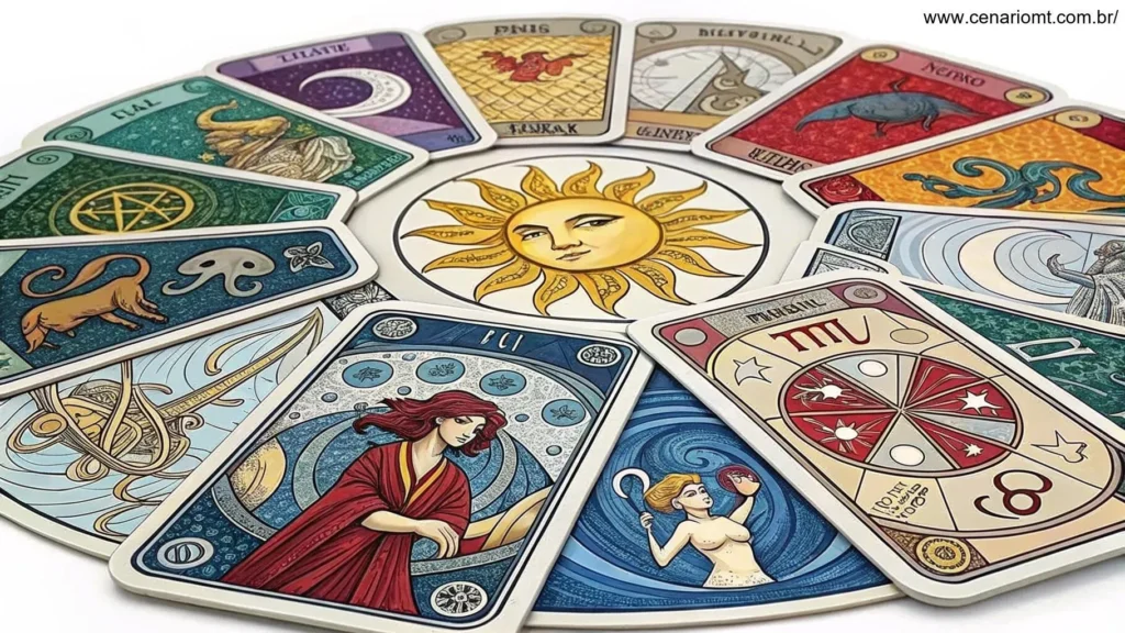 Espalhamento de cartas de tarot focado nos signos do zodíaco, com cada carta representando um signo diferente.